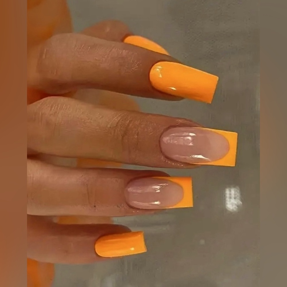 24Medium Long Orange Square Shaped Press On Nails, Some French Manicure & Orange